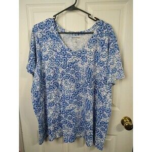 Woman Within 26/28 Tee V Neck White Blue Floral Short Sleeve Casual Cottage Core